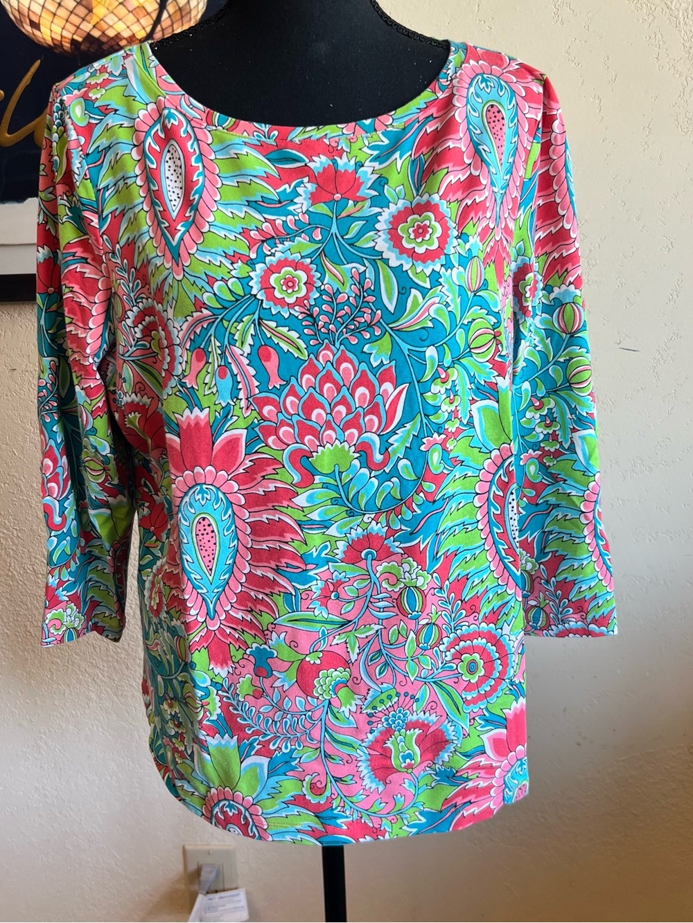 Talbots Vibrant Floral-Paisley Scoop Neck Top in Pink & Turquoise
